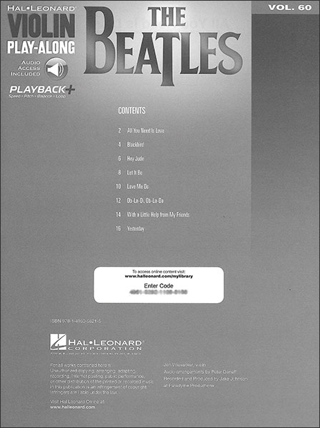 Hal Leonard:ザ・ビートルズ(ヴァイオリン・プレイアロング Vol.  60)(オーディオ・アクセス・コード付)/【1963025】/00155293/HL00155293/ヴァイオリン ・ソロ/見本演奏と伴奏の音源にオンライン・アクセスするためのコード付き/輸入楽譜(T) - 楽譜ネット 商品詳細